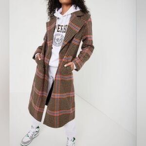 GARAGE Plaid Longline Coat - Brown and Black